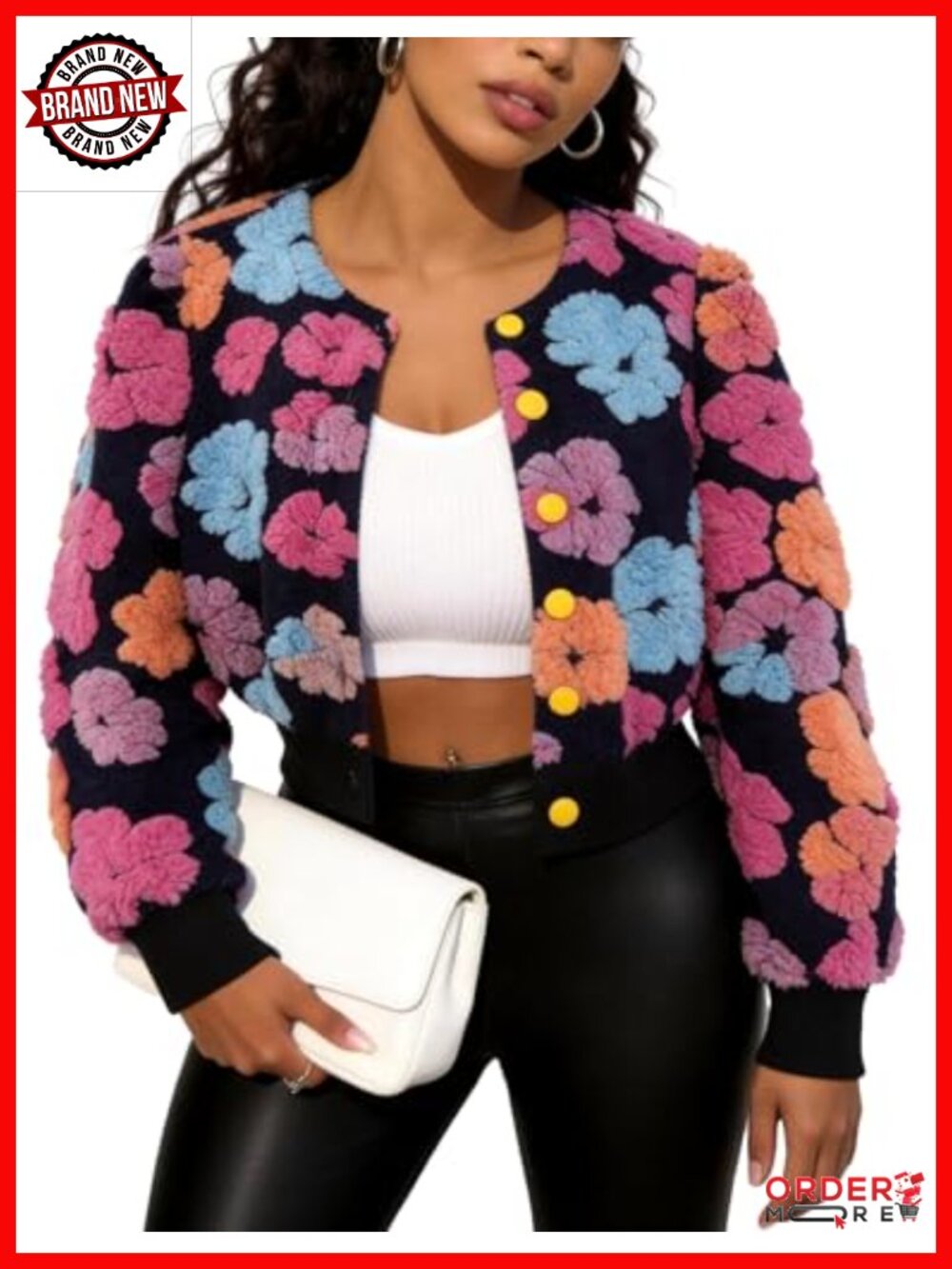 Fleece Floral Bomber Jacket Cropped Button Warm Casual Fall Winter Coat